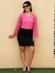 Floral Flared Sleeve Lace Blouson Fuchsia Top