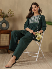 Green Embroidered Peplum Style Khadi Co-ord Set