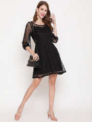 Black Flocking Fit & Flare Net Dress