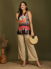 Ethnic Motifs Printed V-Neck Straight Kurti (Black)