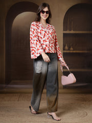 Floral Print Flare Sleeves Front Open Top (Peach)