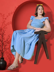 Sky Blue Flutter Sleeve Crepe A-Line Midi Dress