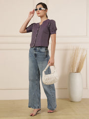 Striped Puff Sleeves Shirt Style Top