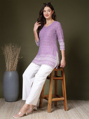 Embroidered V-Neck Chikankari Kurti (Lavender)