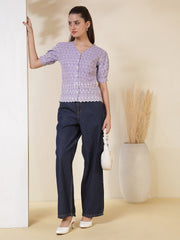 Embroidered V-Neck Puff Sleeve Chikankari Top