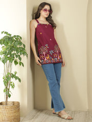 Burgundy Ethnic Motifs Embroidered Strap Neck Panelled Kurti