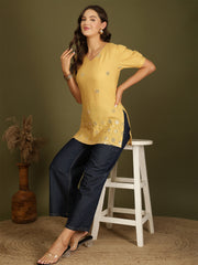 Mirror Work Puff Short Sleeves Kurti (Beige)