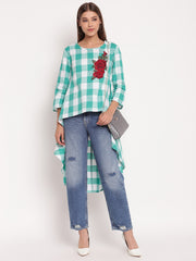 Green & White Checked High Low Hem Tunic