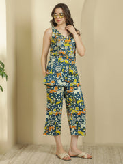 Teal Ethnic Motifs Printed V-Neck Pure Cotton Kurti