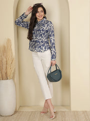 Floral Printed Spread Collar  Linen Shirt