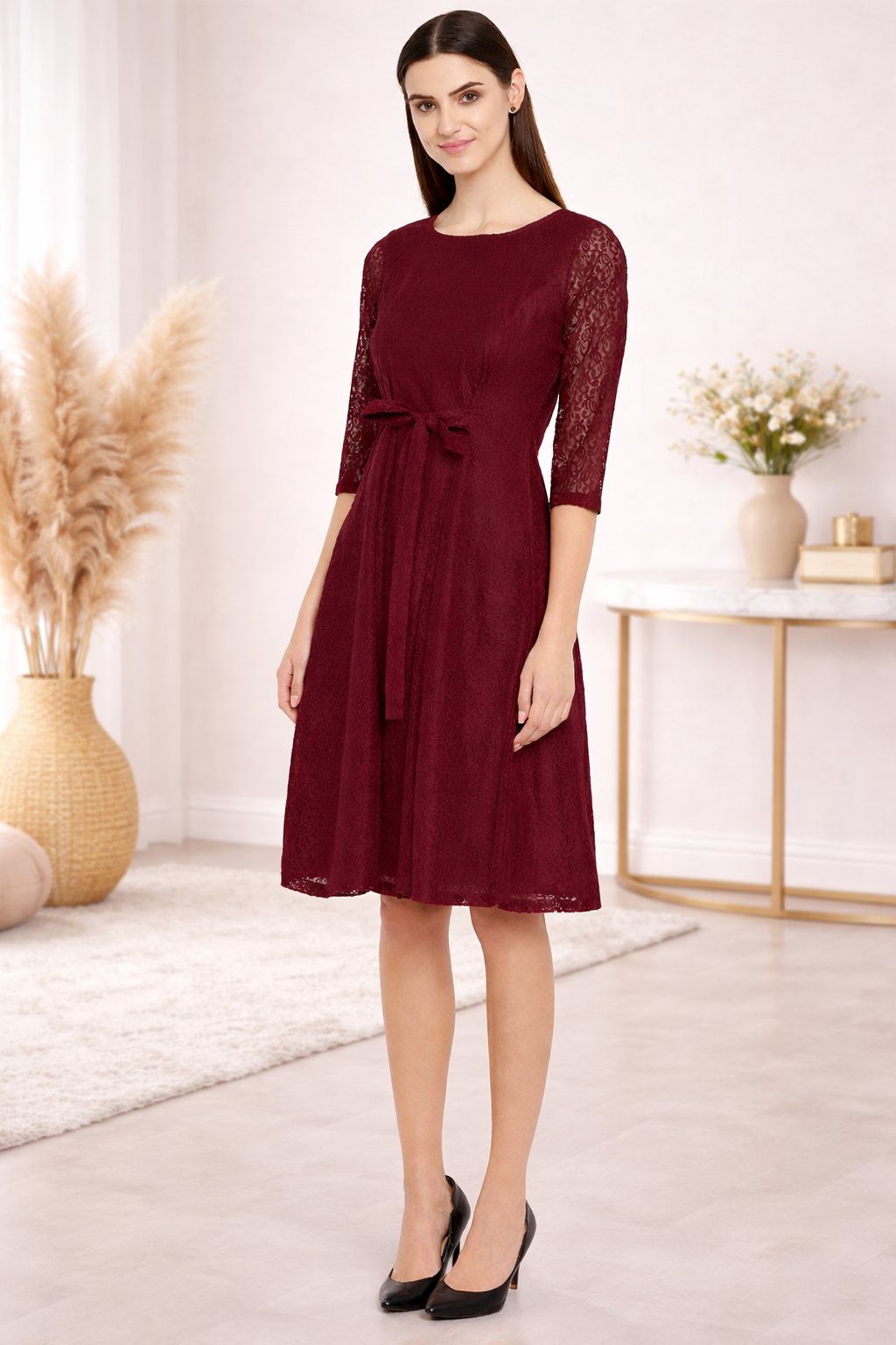 Women Burgundy Lace Fit and Flare Dress