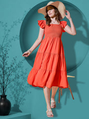 Orange Flutter Sleeve Crepe A-Line Midi Dress