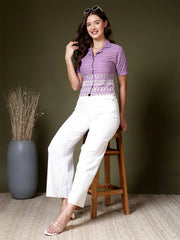 Embroidered Schiffli Shirt Style Crop Top