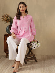 Embroidered Puff Sleeves Peplum Top ( Pink )