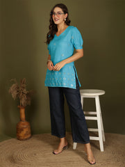 Mirror Work Puff Short Sleeves Kurti (Turquoise)