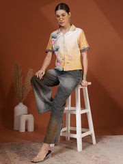 Mustard Digital Printed Spread Collar Crop Shirt