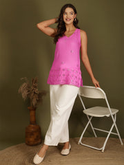 Mirror Work Sleeveless Kurti (Fuchsia)