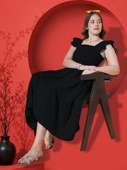 Flutter Sleeve Crepe A-Line Midi Dress
