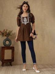 Embroidered Puff Sleeve Peplum Top