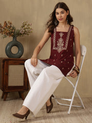 Maroon Ethnic Motifs Embroidered Square Neck Kurti