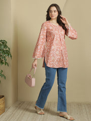 Peach Botanical Printed Flared Sleeves Pure Cotton Kurti