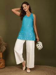 Mirror Work Sleeveless Kurti (Turquoise)