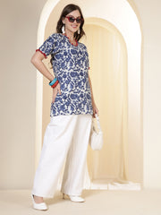 Botanical Printed V-Neck Linen Kurti