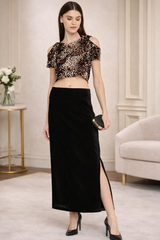 Black Velvet Straight Midi Skirt