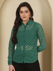 Smart Polka Dot Flocking Sheer Casual Green Shirt