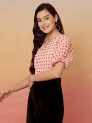 Polka Dot Baloon Sleeves Peach Regular Top