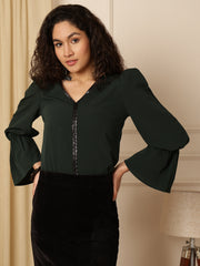 Green Puff Sleeves Solid Blouson Top