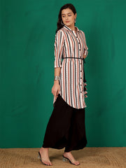 Tan Mandarin Collar Striped Sheer Tunic
