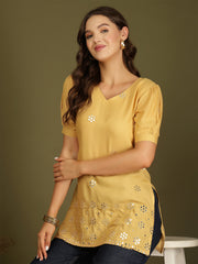 Mirror Work Puff Short Sleeves Kurti (Beige)