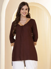 Coffee Brown V-Neck Thread Work High-Low Kurti
