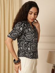 Black Warli Print Puff Sleeve Cotton Shirt Style Top
