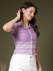 Embroidered Schiffli Shirt Style Crop Top