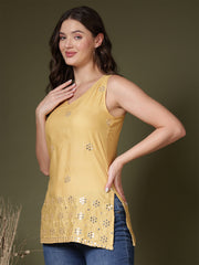 Mirror Work Sleeveless Kurti (Beige)
