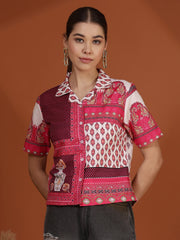Cream Digital Printed Spread Collar Crop Shirt