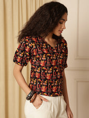 Maroon Tribal Print Puff Sleeve Cotton Shirt Style Top