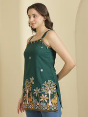 Green Ethnic Motifs Embroidered Strap Neck Panelled Kurti