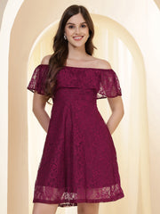 Off-Shoulder Ruffled Lace Fit & Flare Dress