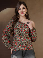 Animal Print One Shoulder Top (Khaki)