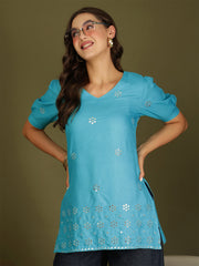 Mirror Work Puff Short Sleeves Kurti (Turquoise)