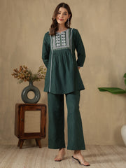 Green Embroidered Peplum Style Khadi Co-ord Set