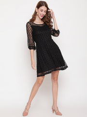 Black Flocking Fit & Flare Net Dress