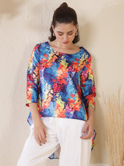Floral Print Satin High-Low Top