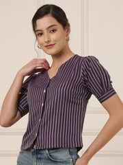 Striped Puff Sleeves Shirt Style Top