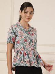 Floral Printed Shirt Collar Peplum Top