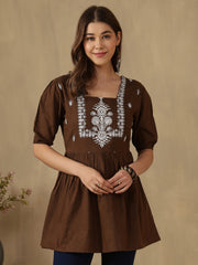 Embroidered Puff Sleeve Peplum Top