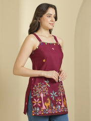 Burgundy Ethnic Motifs Embroidered Strap Neck Panelled Kurti